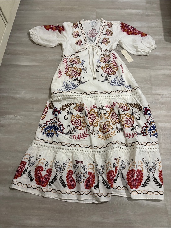 Calypso St. Barth Dresses & Skirts - Calypso st Barth White Embroidered Boho Maxi Dress with Red & Blue Floral Motif